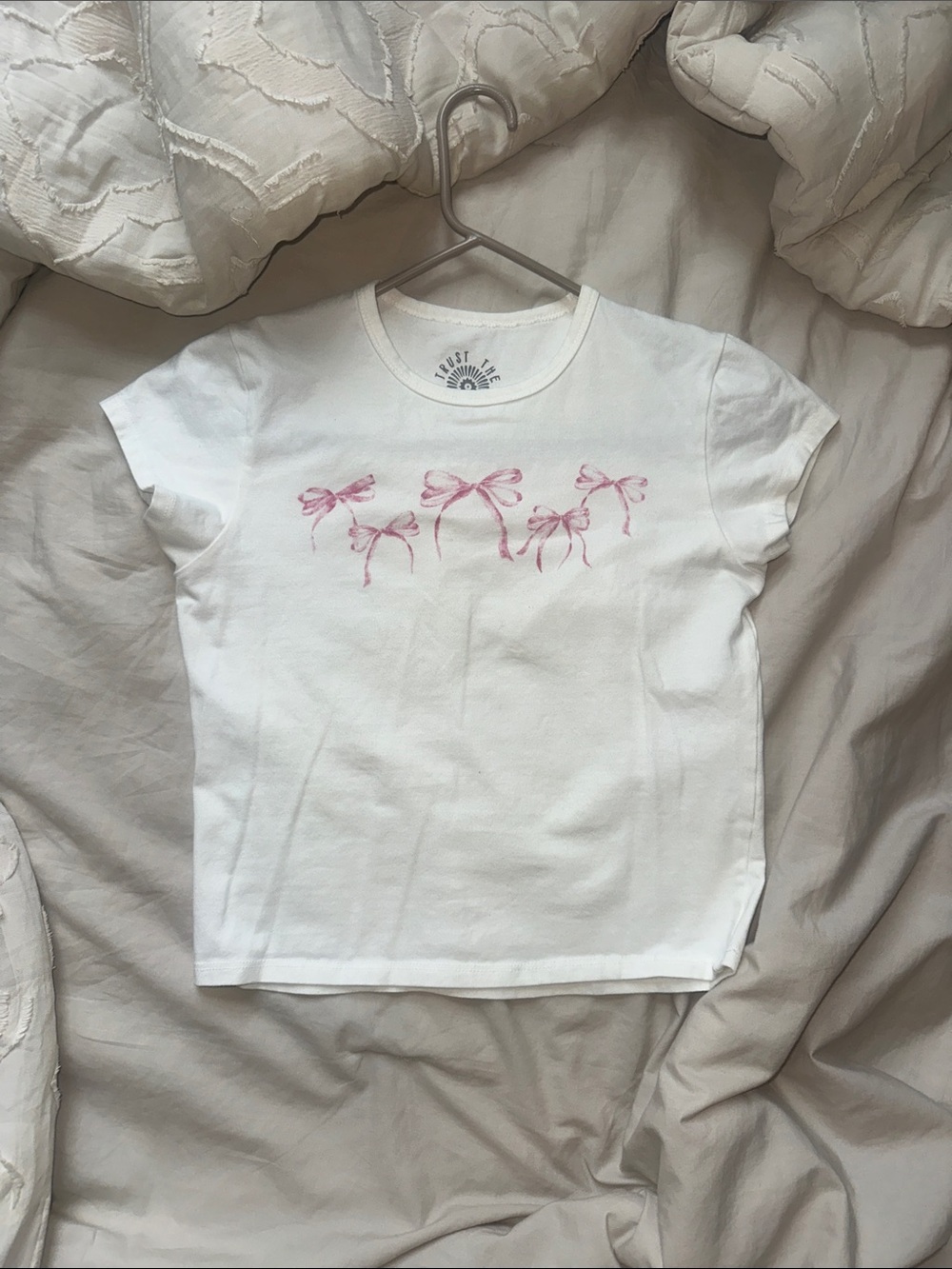 Target White Crop Tee with Pink Bow Design